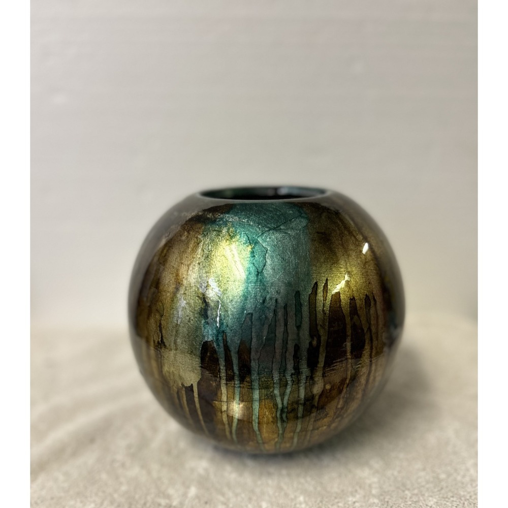 Handmade Metallic Iridescent Drip Glaze Round Ceramic Bud Vase Green Gold